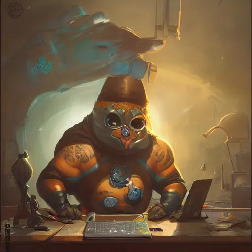 Image similar to a insanely detailed painting of a fat masked superhero wearing a costume sitting at a desk, staring at the nervously at the computer typing, in the style of peter mohrbacher, dramatic lighting and composition, trending on artstation, concept art, comic book