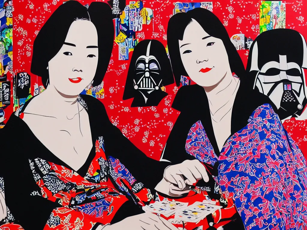 Image similar to hyperrealism composition of the detailed single woman in a japanese kimono sitting at a extremely detailed poker table with darth vader, fireworks, river on the background, pop - art style, jacky tsai style, andy warhol style, acrylic on canvas