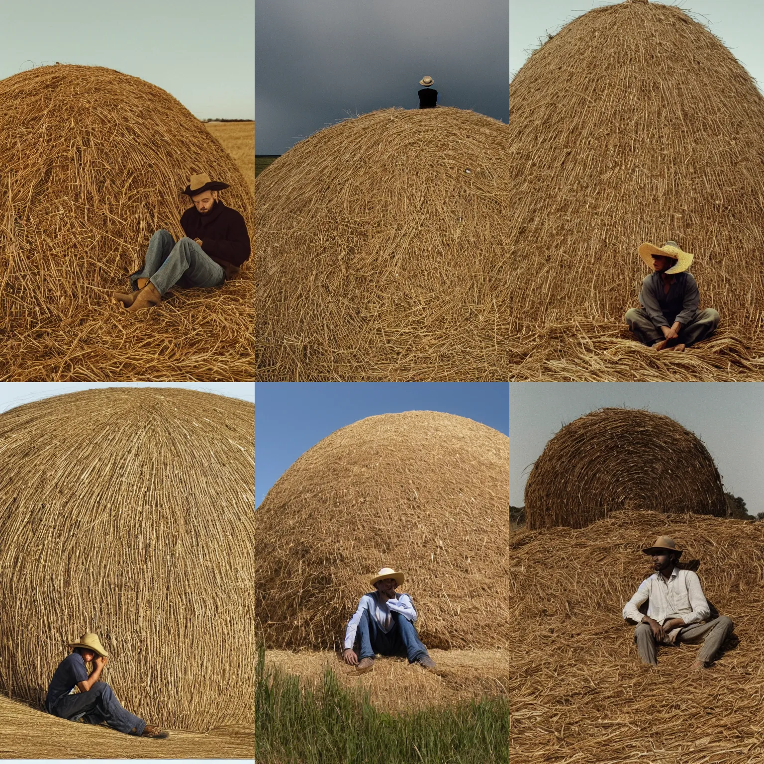 Prompt: man sitting and sleeping at the base of a giant haystack, his wide-brimmed hat pulled over his eyes, highly detailed,