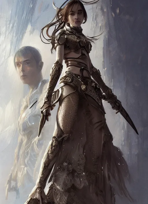 Image similar to a professional portrait of a beautiful young female, clothed in ethereal battle armor, olive skin, long dark hair, beautiful bone structure, symmetrical facial features, intricate, elegant, digital painting, concept art, smooth, sharp focus, finely detailed, illustration, from Valerian and the City of a Thousand Planets, in the style of Ruan Jia and Mandy Jurgens and Artgerm and Greg Rutkowski and William-Adolphe Bouguerea