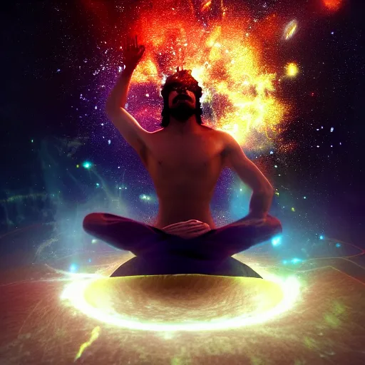 Image similar to Dreamt in 47.55s for !dream Epic wide angle portrait of Shiva generating the universe with his dance, digital painting, octane render