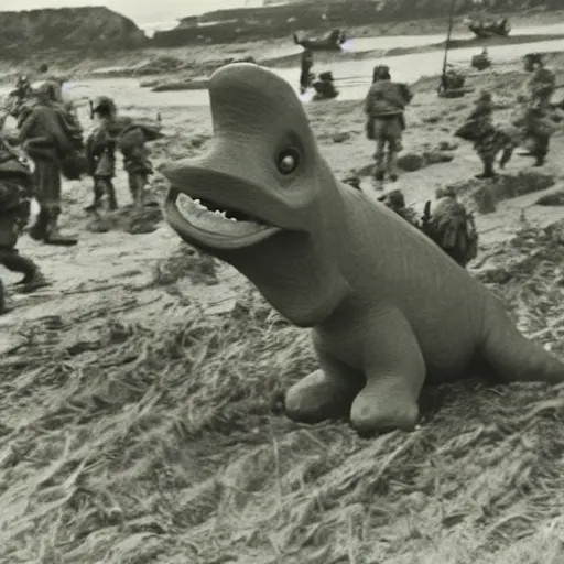 Image similar to award winning photograph of barnie the dinosaur at d - day, colorized