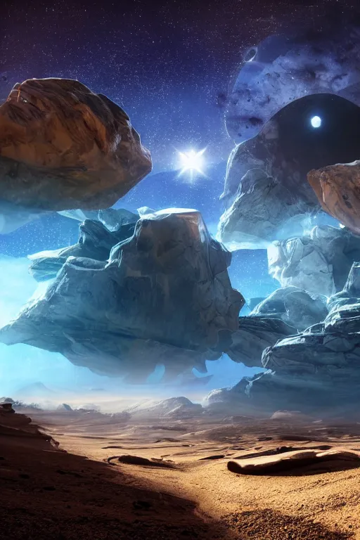 Prompt: futuristic sci - fi rocky desert landscape cosmic sky