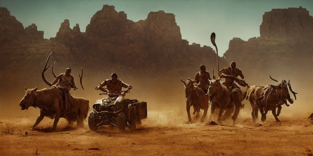 Image similar to photorealistic high speed photo ancient indian tribesman hunting on atv, chase of buffalo herd ,attacking, action scene, an epic fantasy, dramatic lighting, cinematic, establishing shot, extremely high detail, photorealistic, cinematic lighting, artstation, octane render, by simon stalenhag, horizon forbidden west,old photo, high speed photography, vintage, mad max