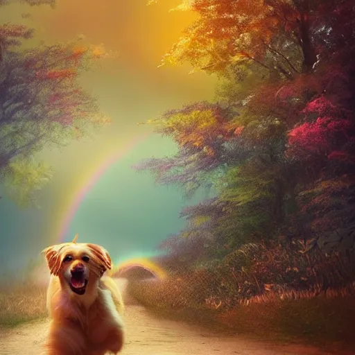 Image similar to a singular beautiful smiling dog running happily towards its owner, ethereal heavenly rainbow bridge in the background behind the dog, tall golden heavenly gates, amazing, stunning artwork, featured on artstation, cgosciety, behance