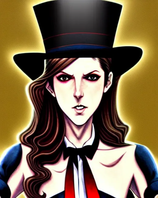 Prompt: beautiful Anna Kendrick Zatanna DC Comics floating on stage wearing top hat, symmetrical face symmetrical eyes, smiling, modern anime, fantasy, eerie, intricate details, atmospheric, elegant, super highly detailed, professional digital painting, concept art, art by artgerm and eiichiro oda and koyoharu gotouge