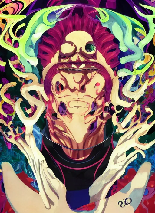 Prompt: portrait of a psychedelic demon, digital painting masterpiece, advanced lighting technology, stylized yet realistic anatomy and face, gorgeous, by reiq and bengus and akiman and shigenori soejima and bastien vives and balak and michael sanlaville and jamie hewlett, 4 k wallpaper, cinematic, gorgeous brush strokes, coherent and smooth