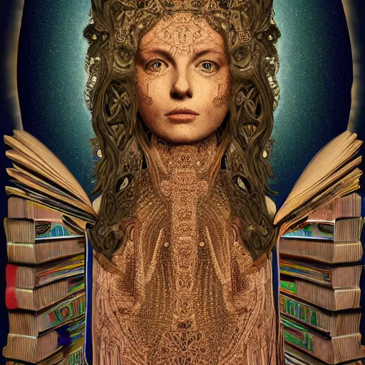 Image similar to 3 d goddess minerva, medium shot portrait. beautiful hyperrealistic intricate highly detailed and richly embroidered with esoteric symbols gown, surrounded by stacks of books bioluminescent, curious, plasma, 4 k surrealism