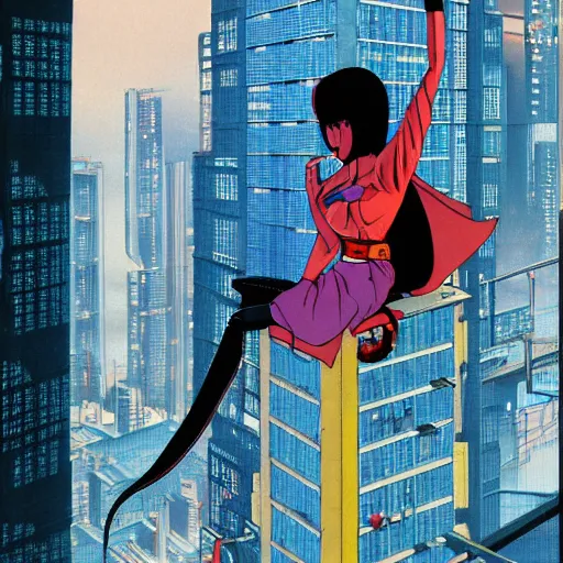 Image similar to Full body portrait of a young woman sitting on the ledge of a high rise building, cyberpunk, cel illustration, exquisitely detailed, Monkey Punch, Hayao Miyazaki, Kazuma Kaneko