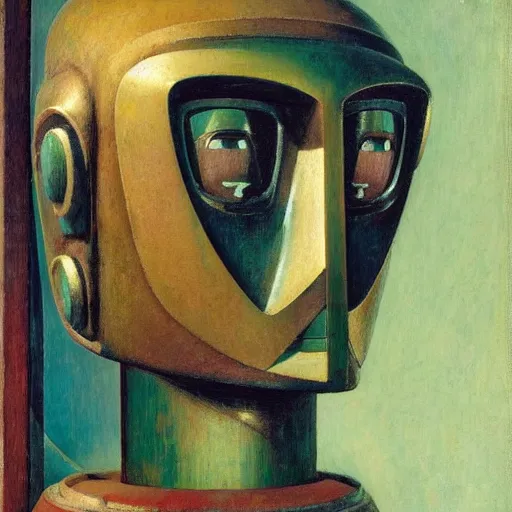 Image similar to head of a robot wearing a mask made of enamelled flowers, by annie swynnerton and edward hopper and jean delville and john watkiss and rufino tamayo, art deco shaman, stylized geometric flowers, art brut, symbolist, dramatic lighting, god rays, clean crisp graphics, smooth sharp focus, extremely detailed, adolf wolfli