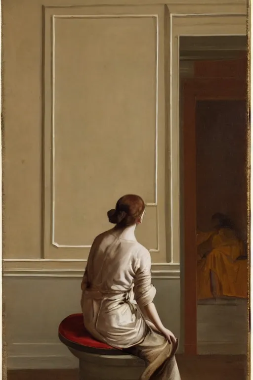 Prompt: long view, of woman sits in corner of empty room and look in the corner, back view, in style of classicism