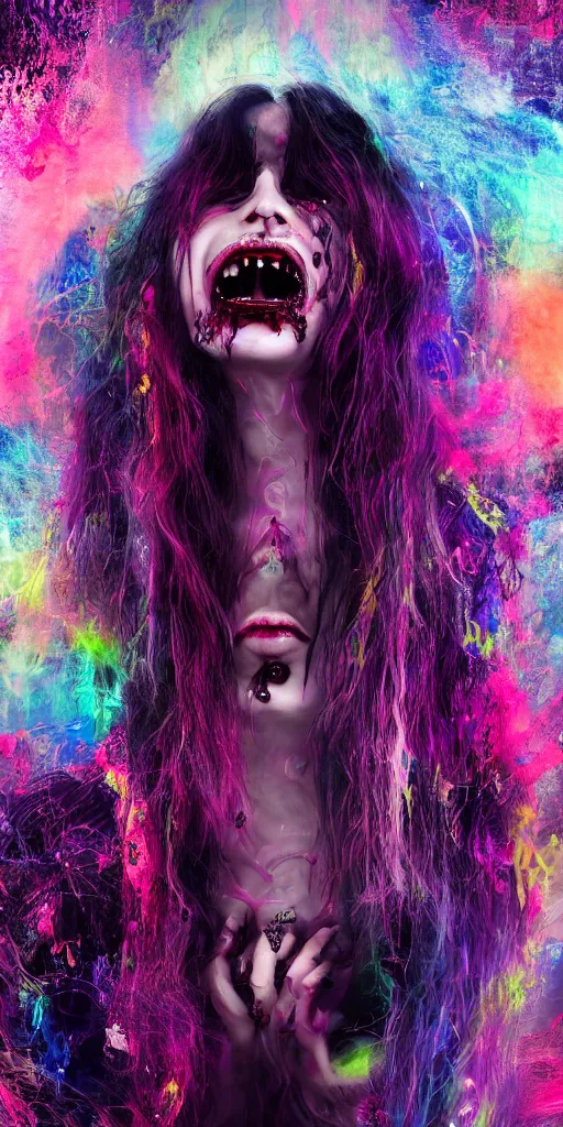 Image similar to impossibly beautiful vampire with large vampire fangs, magic, hypnosis, full body, intricate complexity, horror, psychedelic glitch art, rainbow drip paint, trending on art station, photoreal, 8k, octane render