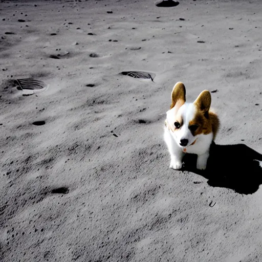 Prompt: dramatic photograph of a corgi puppy on the moon