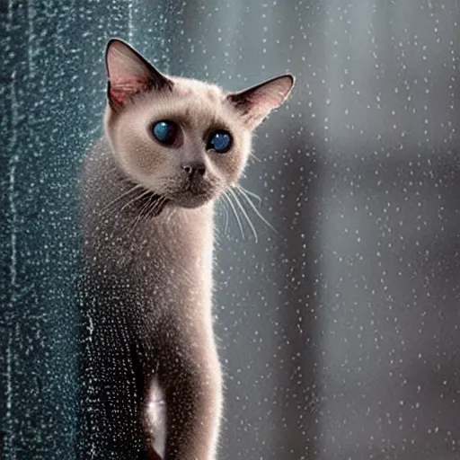 Prompt: a siamese cat staring out of a window with rain droplets flowing down during a thunderstorm, hyperrealistic, cinematic