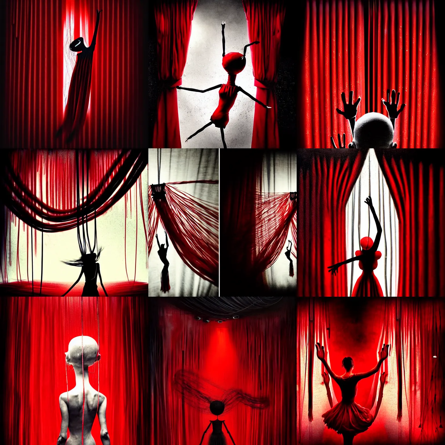 Prompt: dancing puppet strings surrounded by red curtains, by Brooke Shaden, close-up shot from behind, big white strings attached to each wrist from above, white neck visible, intricate, dystopian, sci-fi, extremely detailed, digital painting, artstation, concept art, smooth, sharp focus, illustration, intimidating lighting, incredible art, details visible, very dark ambiance
