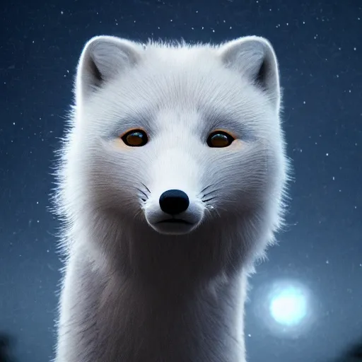 Prompt: arctic fox, detailed eyes, glowing, Milky Way background, octane, cinematic, hyper realism, high detail, octane, 8k