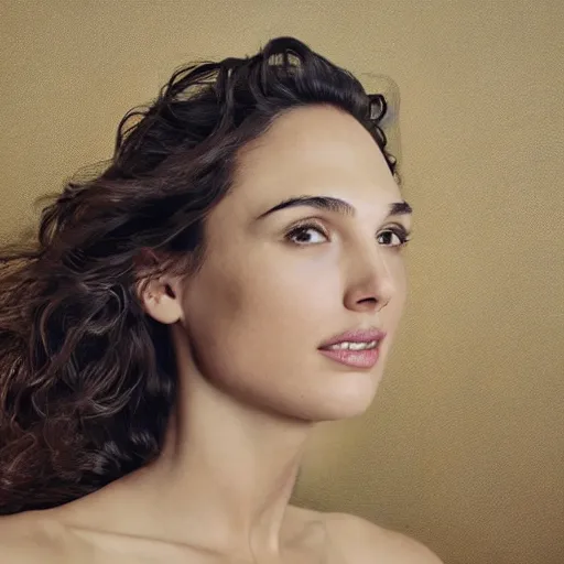 Image similar to a beautiful close - up shot of gal gadot, beautiful soft light failling on her face, studio photography by annie leibovitz