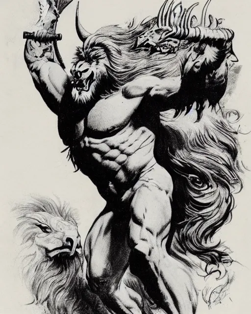 Image similar to a creature with the body and eyes of a man, with the beak of an eagle, the mane of a lion, and the horns of an ox. drawn by frank frazetta