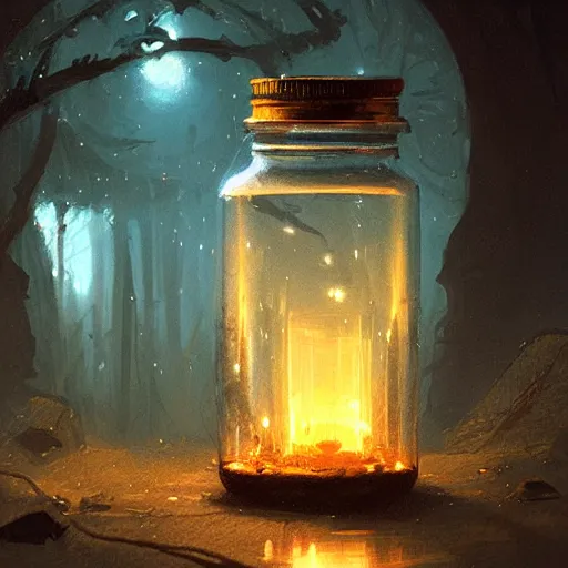 Prompt: Fireflies in a jar, Greg Rutkowski