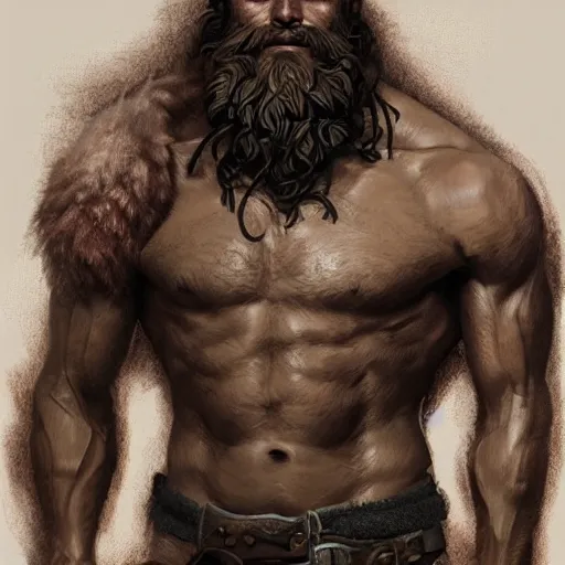 Image similar to portrait of a rugged ranger, muscular, upper body, hairy torso, detailed detailed detailed hands hands hands hands, D&D, fantasy, bare bare bare bare thighs thighs thighs intricate, elegant, highly detailed, digital painting, artstation, concept art, smooth, sharp focus, illustration, art by greg rutkowski