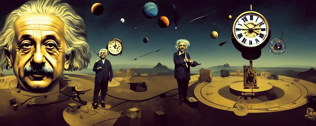 Image similar to duotone surreal illustration 3 / 4 portrait of albert einstein measuring time on salvadore dali clock in outer space dark starry background. golden ratio accidental renaissance. by sachin teng and sergey kolesov and ruan jia and heng z. graffiti art, scifi, fantasy, hyper detailed. octane render. concept art. trending on artstation