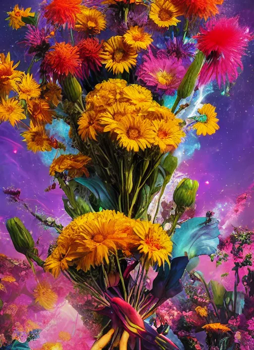 Image similar to An epic fantastic realism comic book style painting of the most beautiful flowers launched across the galaxy, bouquets, fisheye lens, unreal 5, DAZ, hyperrealistic, octane render, dynamic lighting