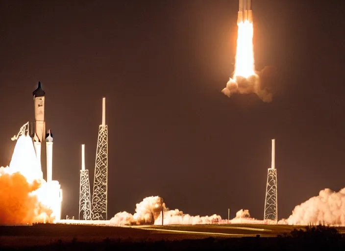 Image similar to film still of nighttime launch of the space launch system LC-39B at Kennedy Space Center in 2025, 4k, 120mm f5.6