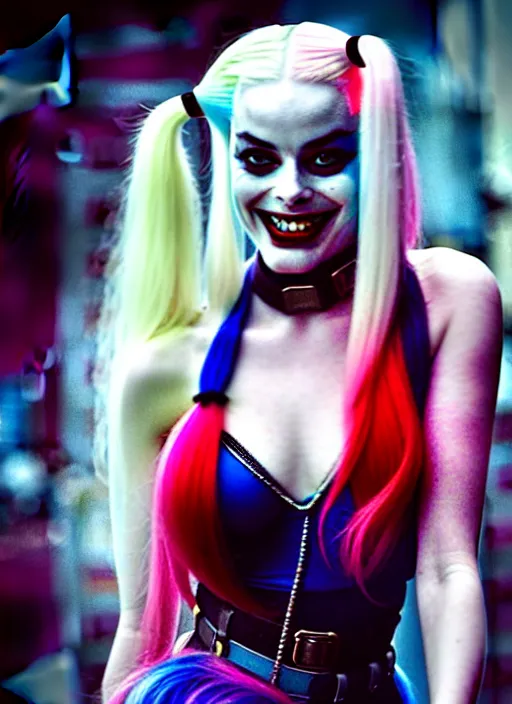 Prompt: 2 8 mm photo of seductive beautiful suicide squad happy margot robbie with long white hair that looks like harley quinn standing on the wet street of gotham city, seductive camisole, pinup model, glamour fashion pose, cinematic, volumetric lighting octane, arney freytag,