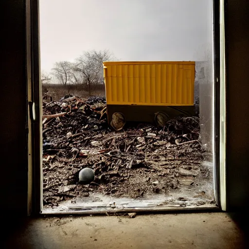 Prompt: photo of an dumpster throught the dirty window, photo by Pieter Hugo.