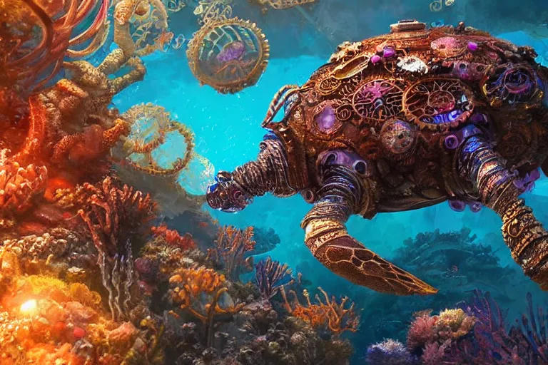 Image similar to beautiful painting of a huge caretta wearing a steampunk armour of in vast ocean coral reef, water bubbles, intricate details, jewel fishes, two magnificent jelly fish, realistic shaded , steampunk, highly detailed, artstation, illustration Greg Rutkowski , octane render, 4k, dynamic light, volumetric light, neon lights, cinematic mood