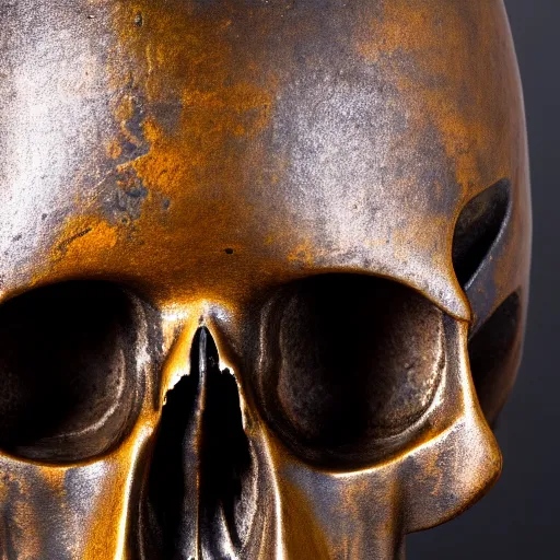 Image similar to close up shot of an old bronze patina statue of a skull with a samurai hat