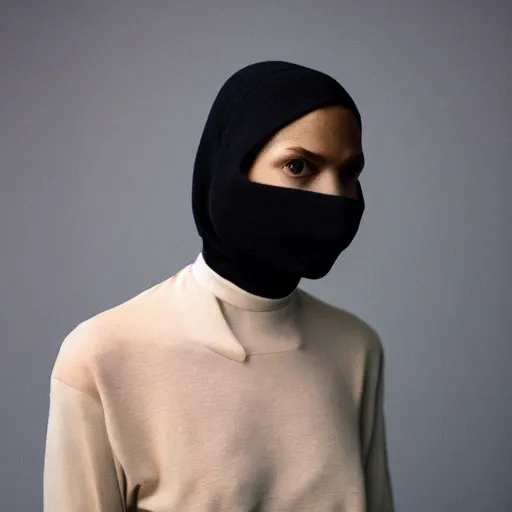 Image similar to realistic photoshooting for a new y - 3 lookbook, color film photography, portrait of a beautiful woman, model is wearing a balaclava mask, in style of tyler mitchell, 3 5 mm,