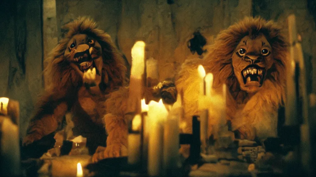 Prompt: Simba with sharp teeth grinning maniacally, a satanic ritual with candles and a pentagram, movie screenshot directed by David Fincher, and cinematography by Roger Deakins. Shot from a low angle. Cinematic. 24mm lens, 35mm film, Fujifilm Reala, f8