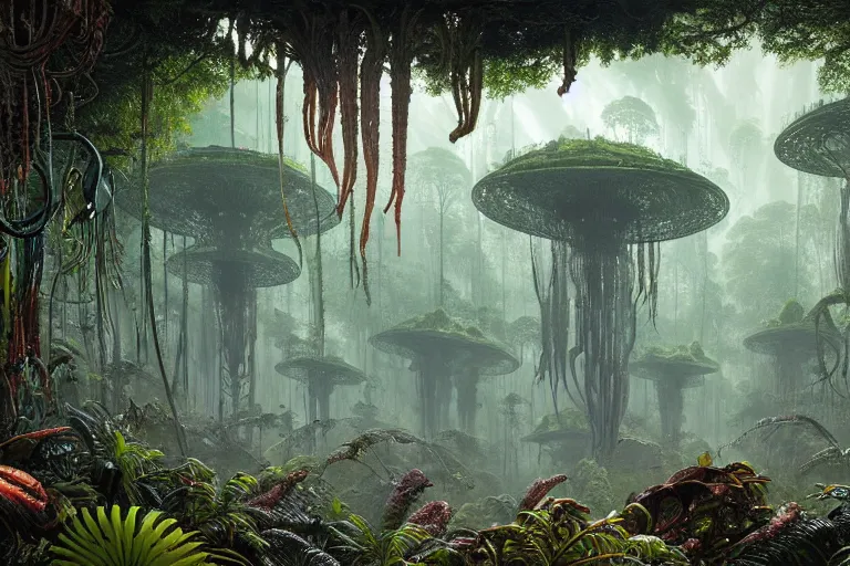Image similar to a surreal and awe - inspiring rainforest scene with colony of xenomorph aliens, intricate, elegant, highly detailed matte painting by ernst haeckel and simon stalenhag