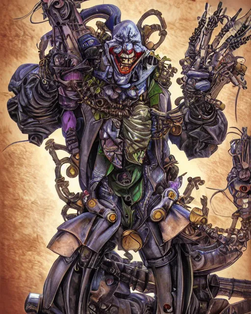Image similar to jester, joker by masamune shirow, biomechanical, 4 k, hyper detailed