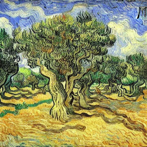 Prompt: olive trees in an ancient greek temple landscape, trending on art station, painting by vincent van gogh