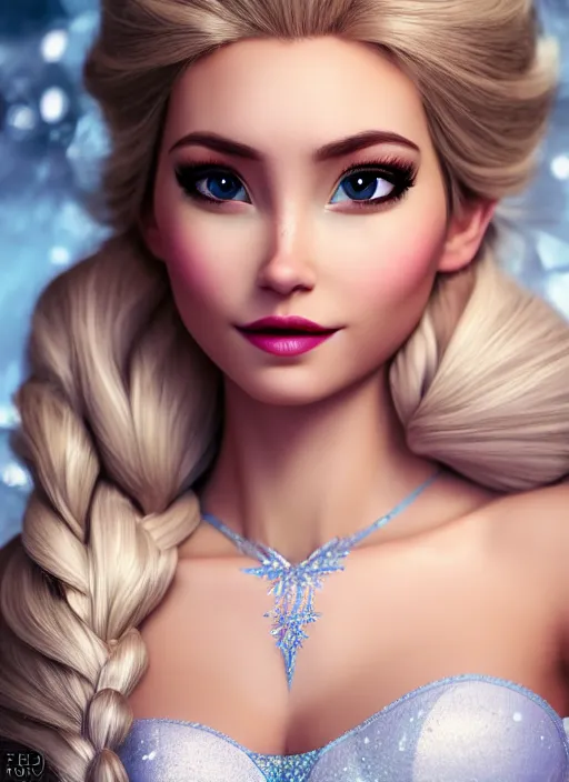 Image similar to gorgeous female elsa, professionally retouched, natural colors, soft lighting, hyper realistic, smooth face, full body shot, torso, dress, perfect eyes, sharp focus on eyes, 8 k, high definition, insanely detailed, intricate, elegant, digital photo, dslr