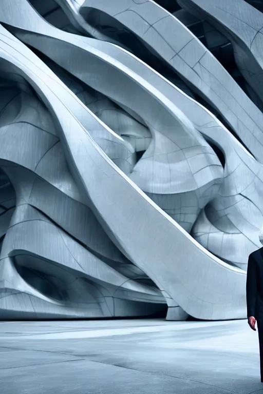 Image similar to a futuristic scene with an log silver haired beautiful mitch mcconnell in a white flowing dress, in front of a zaha hadid building, cinematic matte painting, extreme detail photo quality, dark moody colors, featured on behance