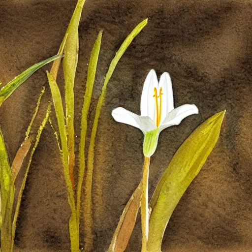 Image similar to a lone lily growing in a field of mud, realistic watercolour