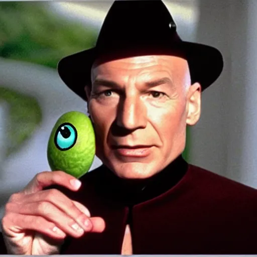 Image similar to jean - luc picard in star trek wearing an avocado for a hat and a face