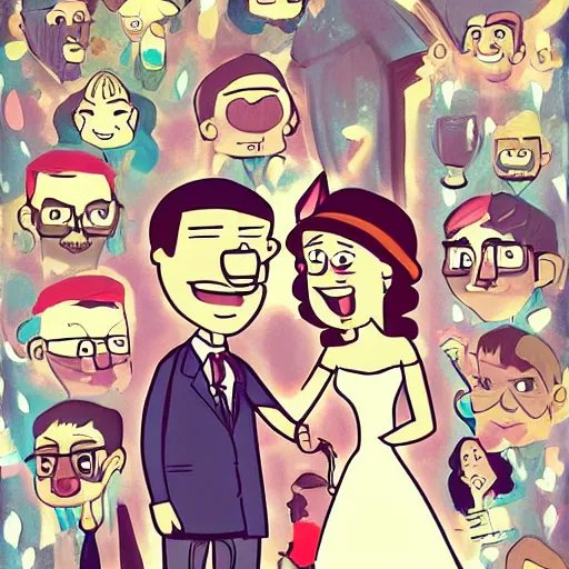 Image similar to a scrinshort of beautiful painting, wedding couple in style of gravity falls cartoon, coherent symmetrical faces