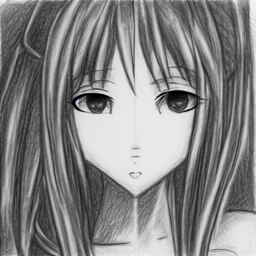 Prompt: drawing of an anime girl face in a notebook, front view, pencil, charcoal