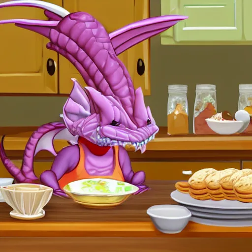 Prompt: a kitchen scene of an extremely cute dragoness kobold chinchilla baking cookies