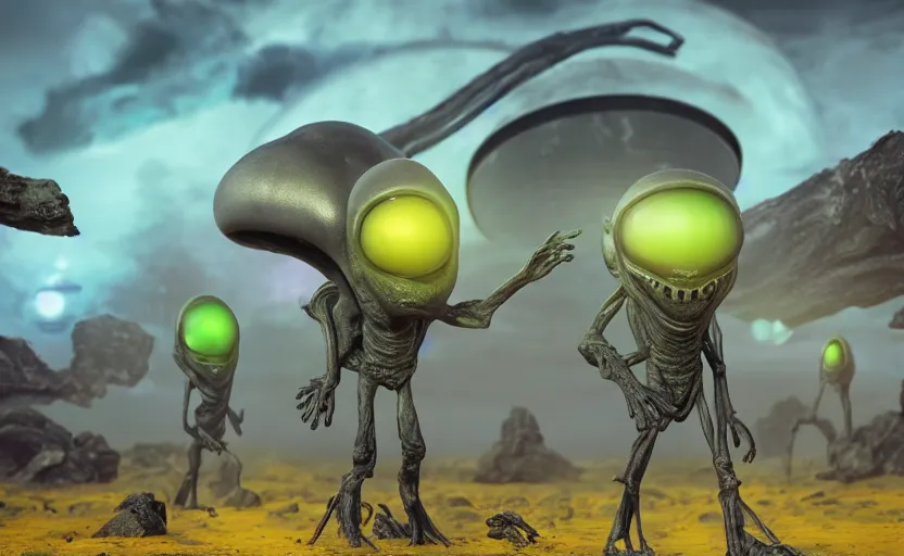 Image similar to grey alien with large black eyes holding an energy rifle on an alien planet with purple soil, green sky, blue and yellow fauna, alien creatures in the background, 3d render, Unreal Engine, octane render, ray tracing, Unity, highly detailed, high quality, HD, 4k, 8k, realistic, sharp, trending