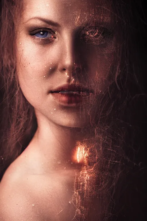 Prompt: a photographic portrait of a beautiful woman very fair complexion under the skin electric circuits and electric cables going into the skin, dramatic light , Rembrandt lighting scheme, photorealistic,photographed by Aleksandr Vinogradov , sigma art 85 mm, ultra detailed, dark background. beautiful image