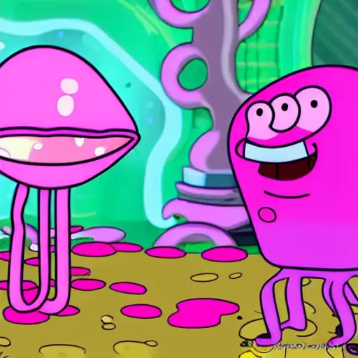 Image similar to pink jellyfish from the cartoon SpongeBob Squarepants hits SpongeBob with a metal sieve