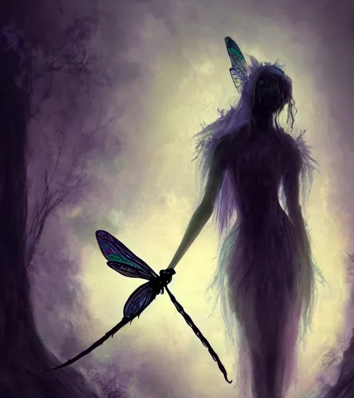 Prompt: gothic fairy with dragonfly wings, digital painting, liminal eerie midnight backlit, a picture taken by Michael Komarck and Karl Simon Gustafsson