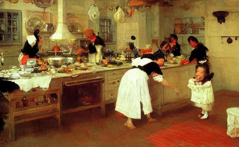 Image similar to high quality high detail painting by ilya repin, monster cooking in the kitchen, hd