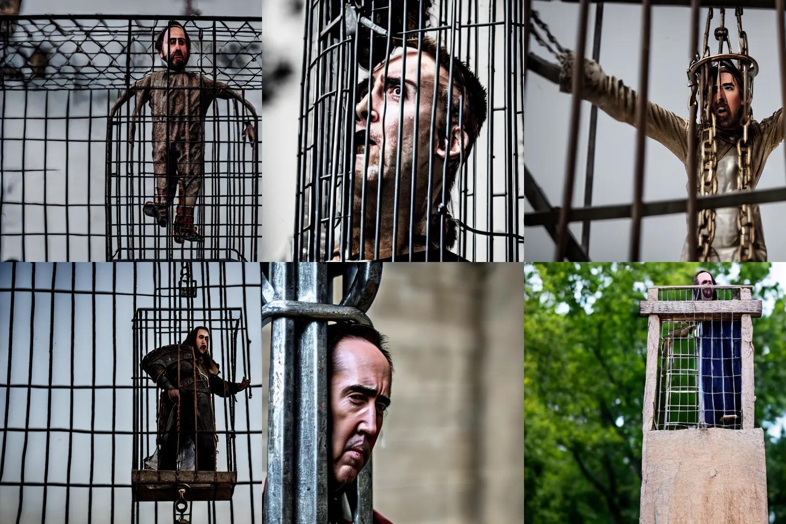 Prompt: Nicholas Cage imprisoned in a medieval gibbet metal-cage XF IQ4, f/1.4, ISO 200, 1/160s, 8K, in-frame