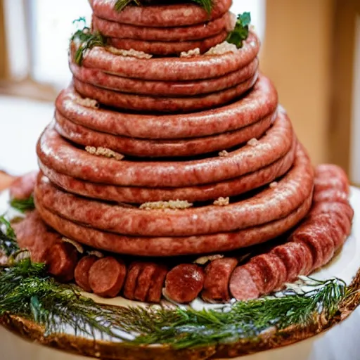 Image similar to a wedding cake made of meat and sausages with ketchup sauce. During wedding. Highly detailed 8k